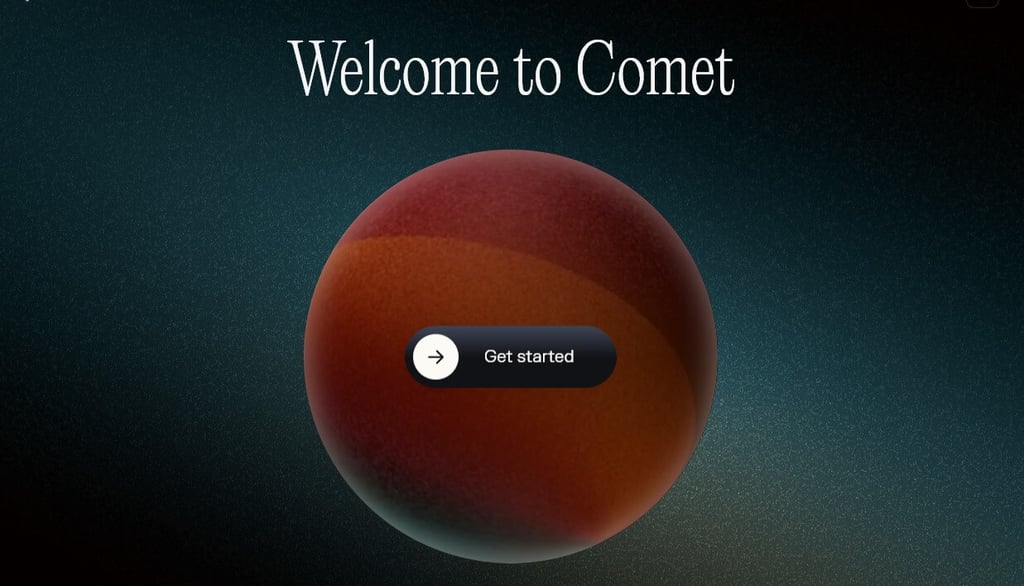 Comet browser Welcome to Comet after installation screen with Get started button