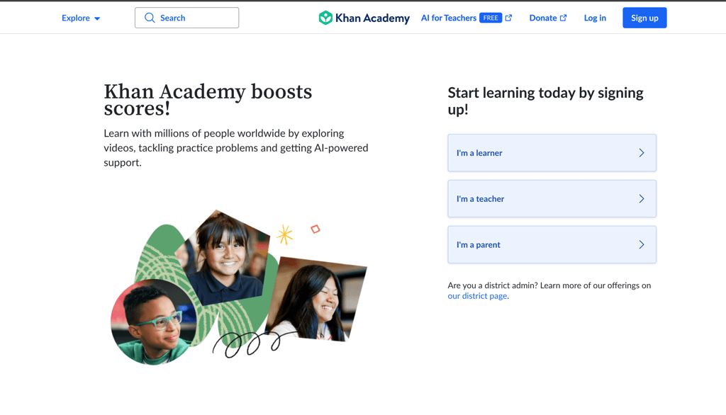 Screenshot khan academy home page