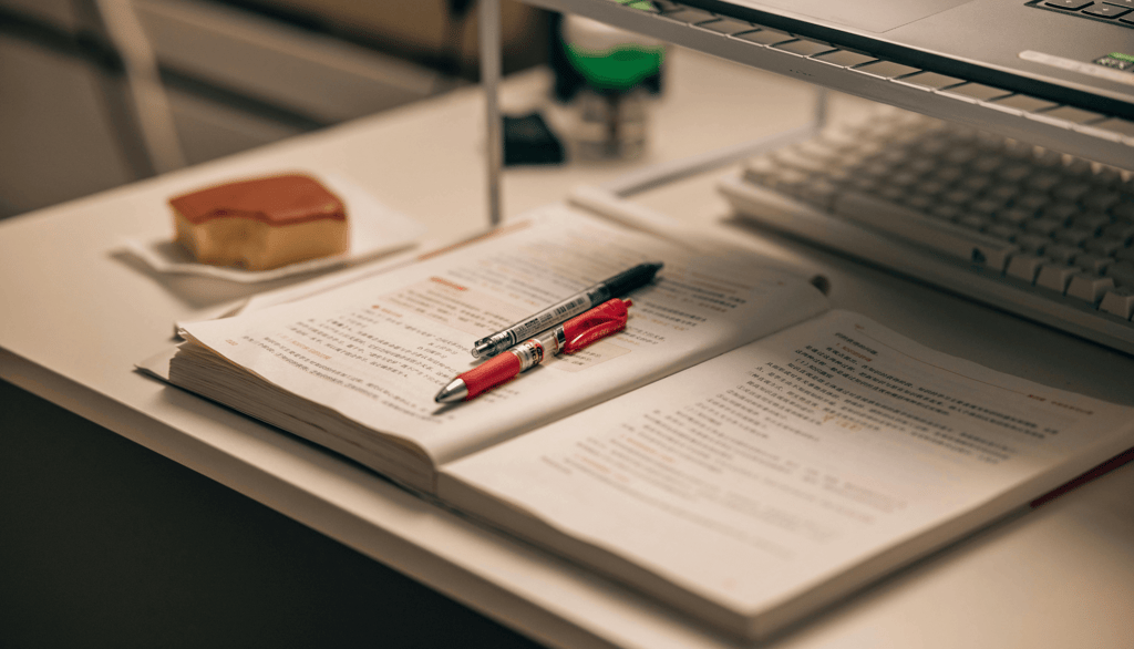 a laptop computer and a pen on a desk