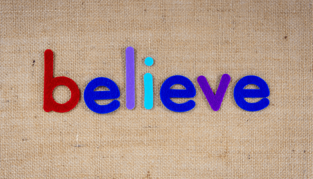 a word written in the word believe on a canvas bag
