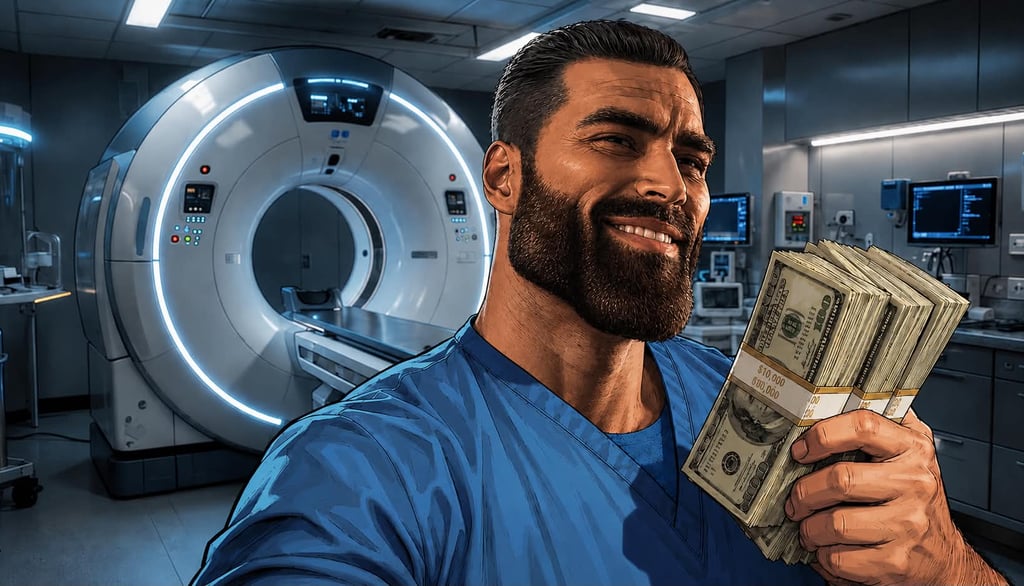Smiling muscular doctor in blue scrubs holding cash stack in front of an MRI machine.