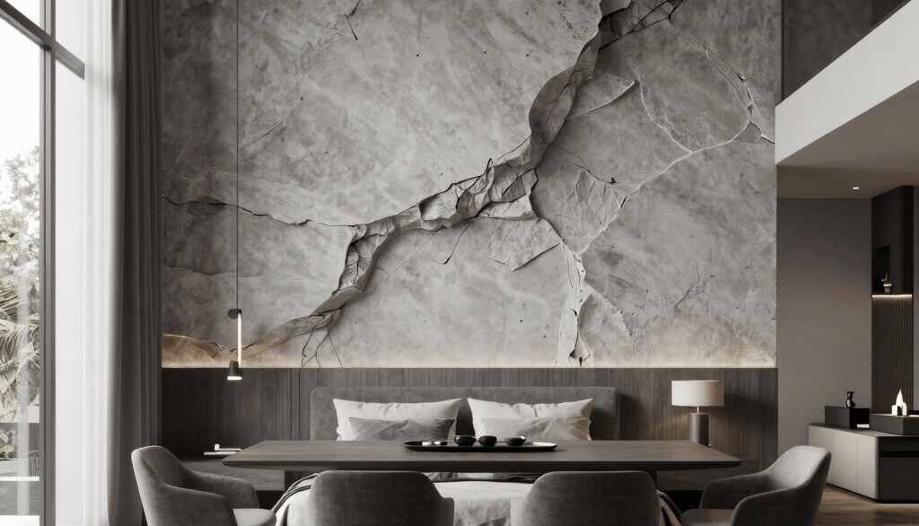 A rock in the interior. The interior is modern, with a rock on one of the walls made to look like a 