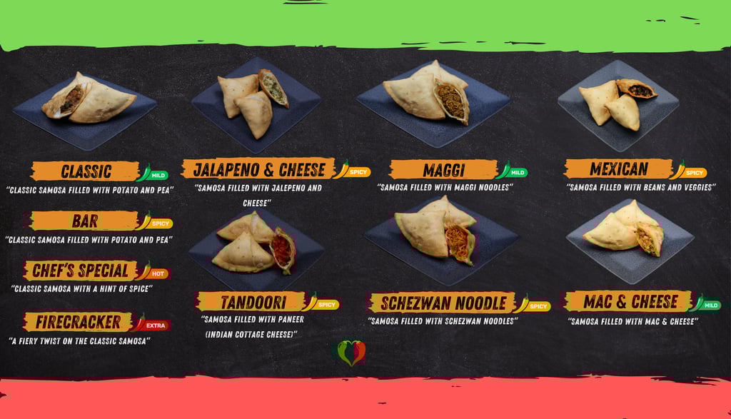 Variety of Samosa Flavours at Samosa Bar - Classic, Bar, Chef's Special, Firecracker, and more