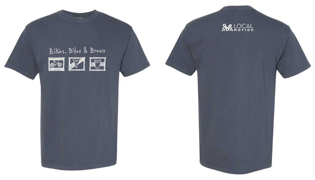 Front and back of Bikes, Bites, and Brews T-Shirts