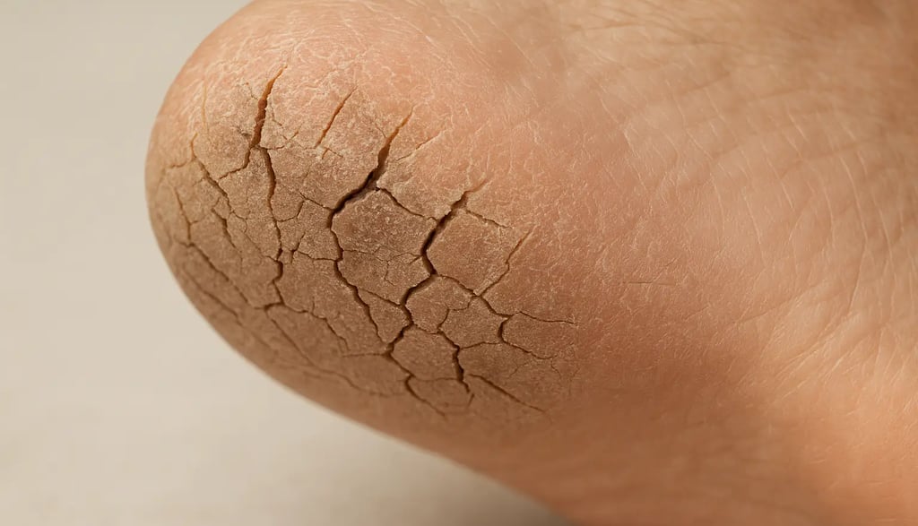 Severe cracked heels showing dry and damaged skin on foot