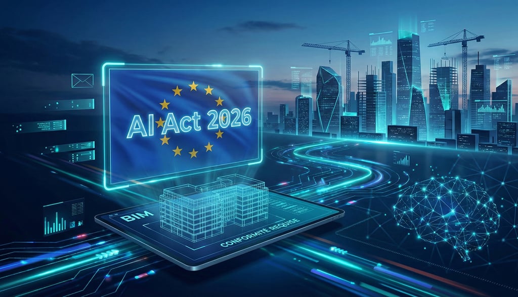 drapeau UE "AI Act 2026" et modèle BIM sur tablette dans une ville connectée.