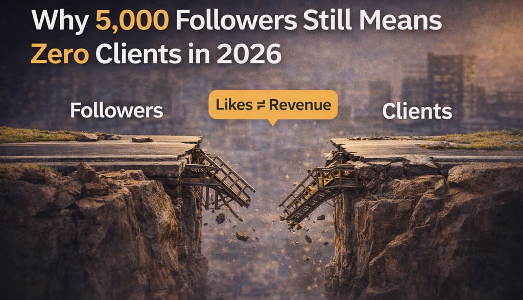 Broken bridge between “Followers” and “Clients” with “Likes ≠ Revenue,” illustrating why followers d