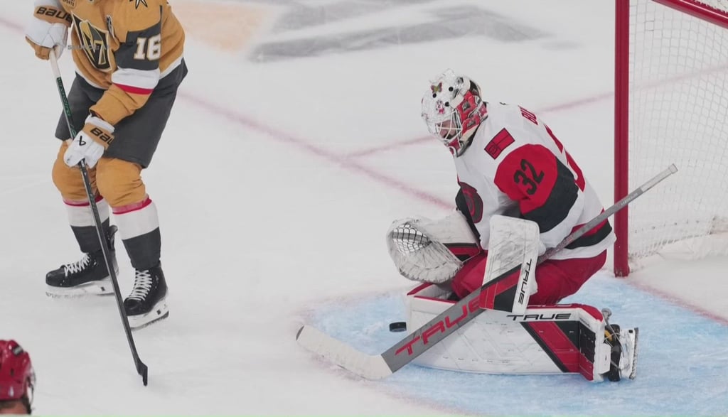 Carolina Hurricanes Goaltender Brandon Bussi blocks a goal in the final 2026 Stanley Cup game