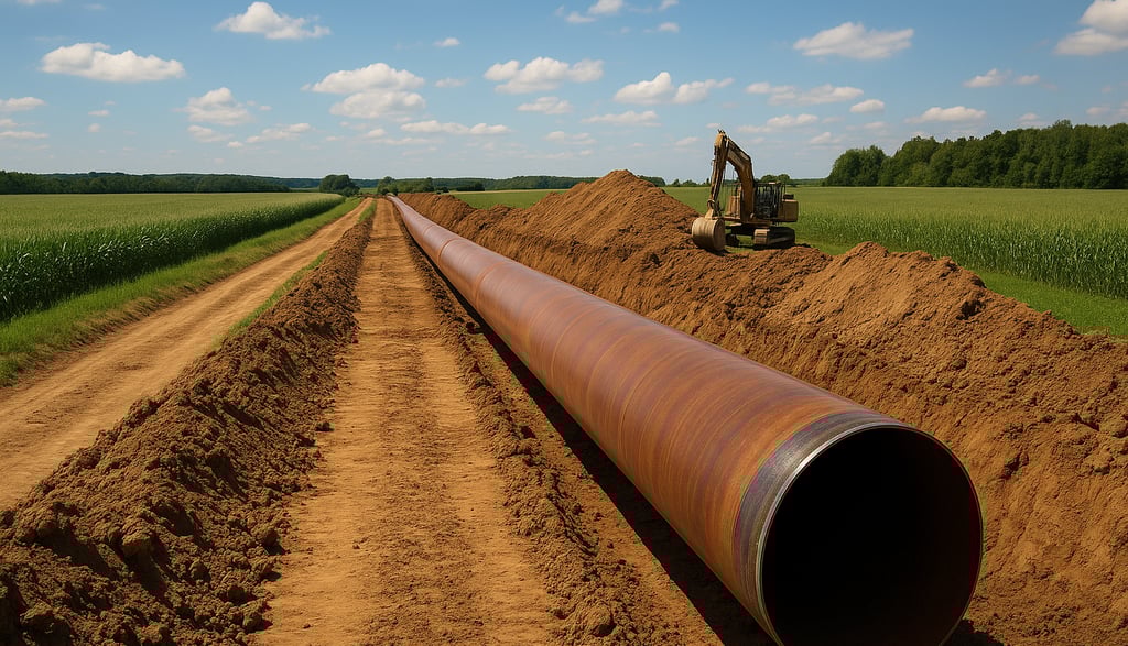 Imagem de alta resolução mostrando a construção de um gasoduto em área rural. Um grande tubo de aço 