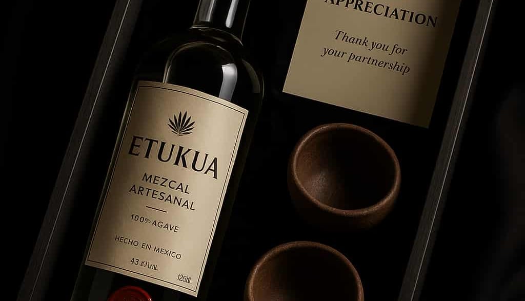 Caja regalo de lujo de Etukua abierta, mostrando una botella de mezcal artesanal con un lacre, dos c