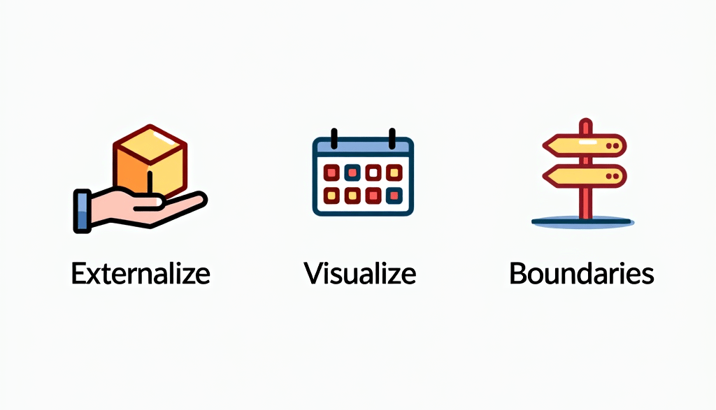 ADHD time system infographic with pillars: externalize, visualize, and set boundaries.