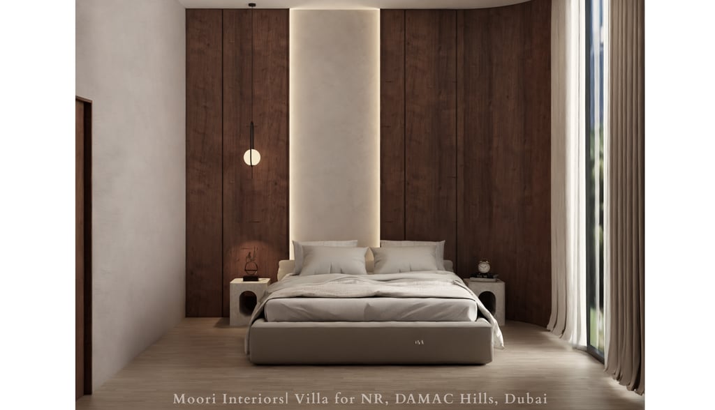 Modern bedroom featuring a minimalist design with a large bed, wooden accent wall, and soft lighting