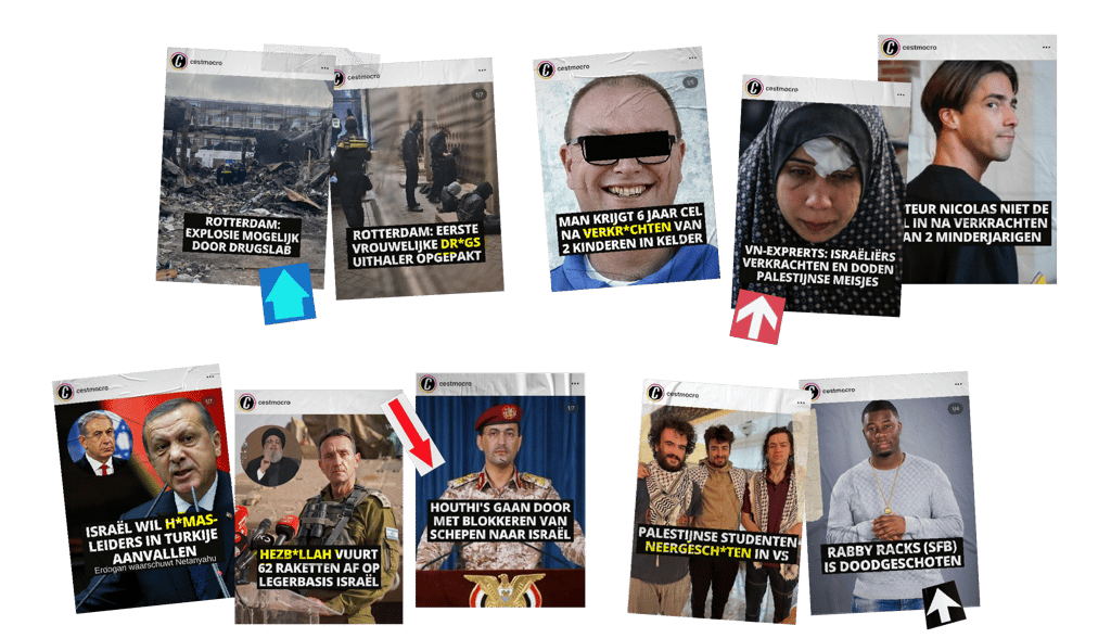 Collage van nieuwsberichten met inconsistente toepassing van censuur