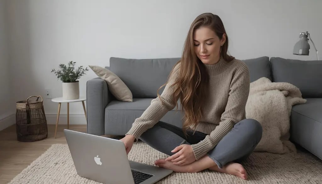 a woman sitting on a couch with a laptop