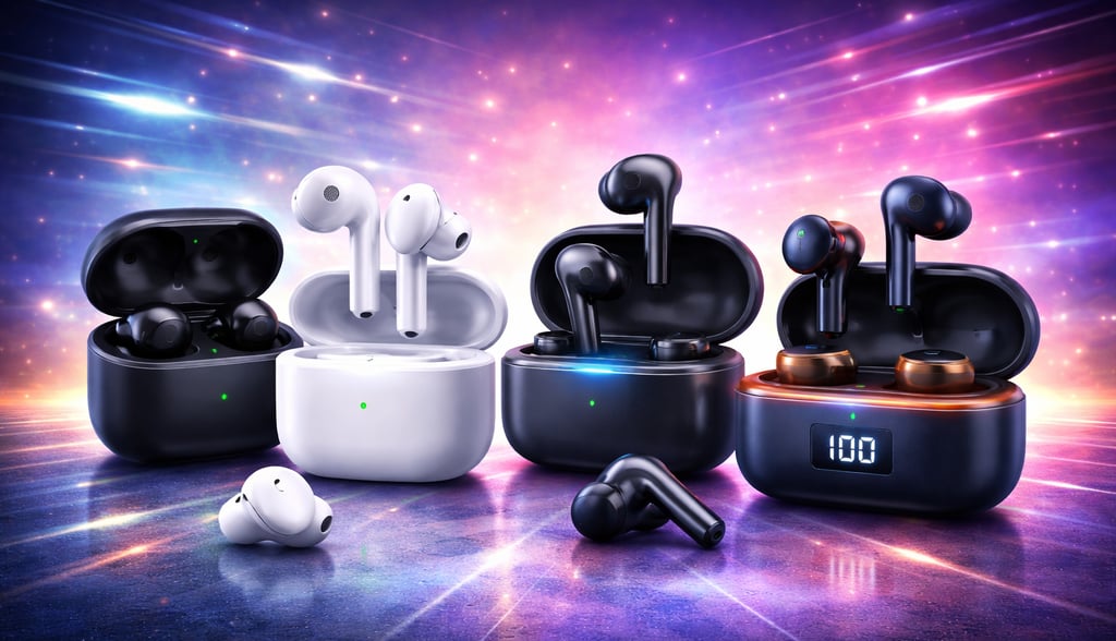 Four pairs of wireless Bluetooth earbuds in charging cases displayed against a neon cosmic background.