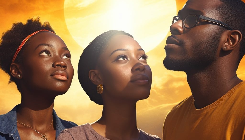 a group of people standing in front of a sunlit sunlit sky