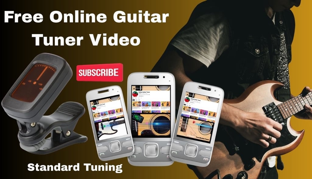 A person playing an electric guitar next to an online guitar tuner app on multiple mobile screens.