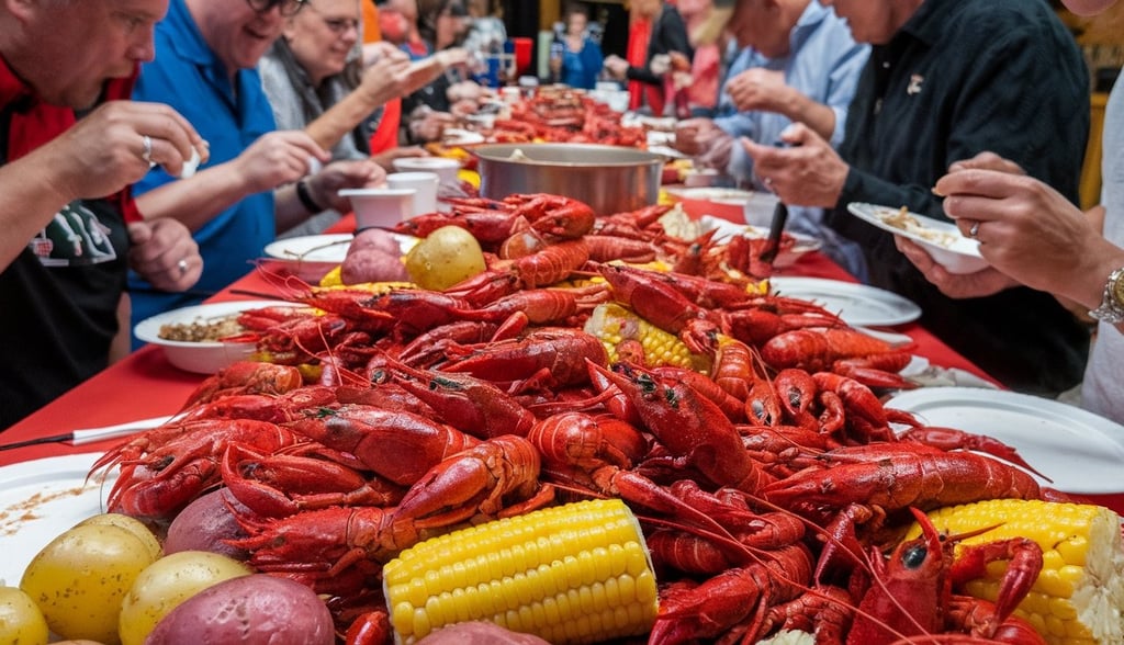 a long table piled high with perfectly boiled crawfish, corn, potatoes, and sausage, all spiced to