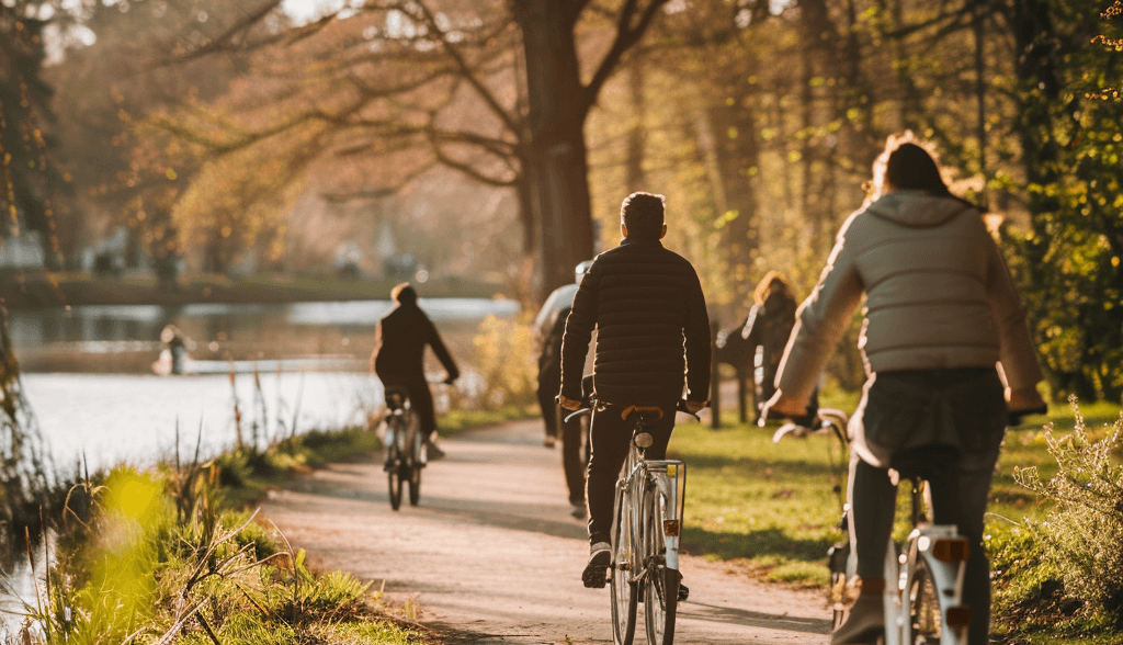 a group of people riding bikes down a path