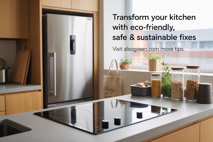 Eco-friendly kitchen with sustainable appliances, glass containers, bamboo utensils, and zero-waste