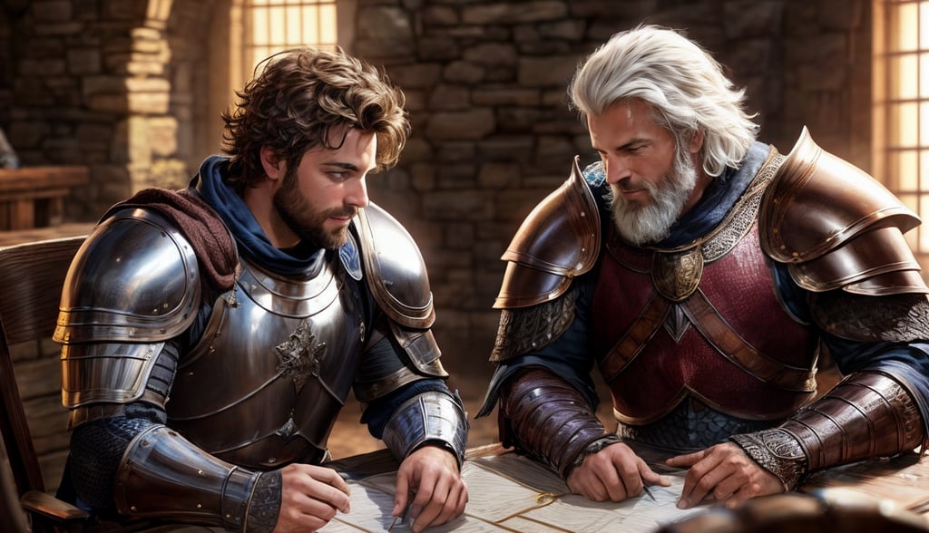 two men in armor playing dungeons and dragons or pathfinder