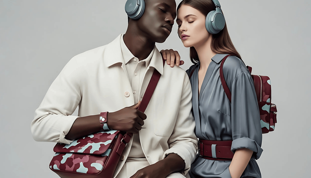 Contemporary photo of an interracial male and female couple in studio  wearing premium clean fashion