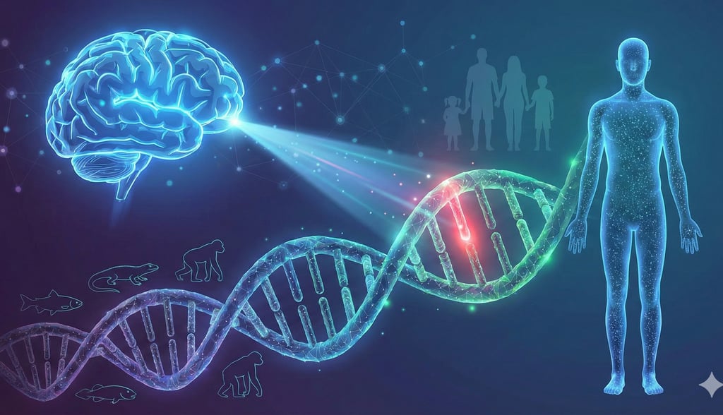 Conceptual illustration showing an AI brain model analyzing a DNA strand, using evolutionary data (r