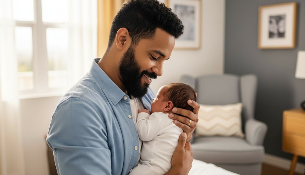 Pai amoroso segurando seu recém-nascido com ternura — paternidade ativa e presente em 2026