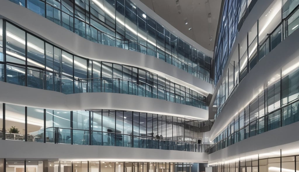 glass panel high-rise building under blue sky with sun raise