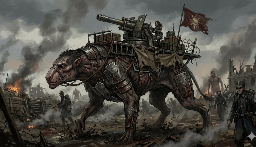 A giant armored beast carrying a mounted gun turret through a smoky fantasy battlefield.
