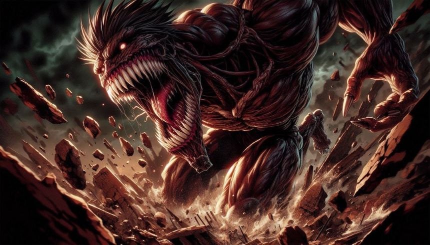 Fierce muscular titan monster with glowing eyes and sharp teeth destroying rocky ground in a dark fantasy setting.