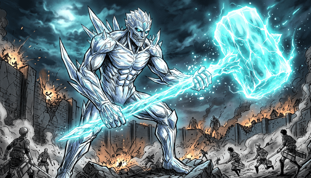Giant ice titan warrior wielding a glowing blue lightning hammer at a stone wall battle scene.