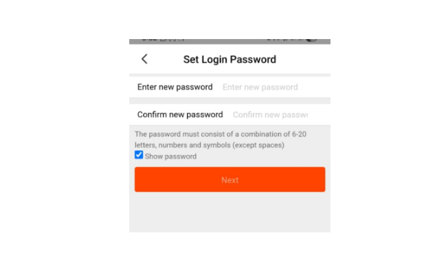 Mobile app interface for set login password screen with entry fields and requirements
