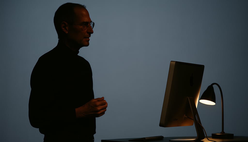 Steve Jobs silhouette onstage or his famous desk with the single lamp