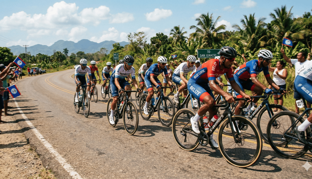 Professional cyclists race in a peloton during the Holy Saturday Cross Country Cycling Classic in Belize.