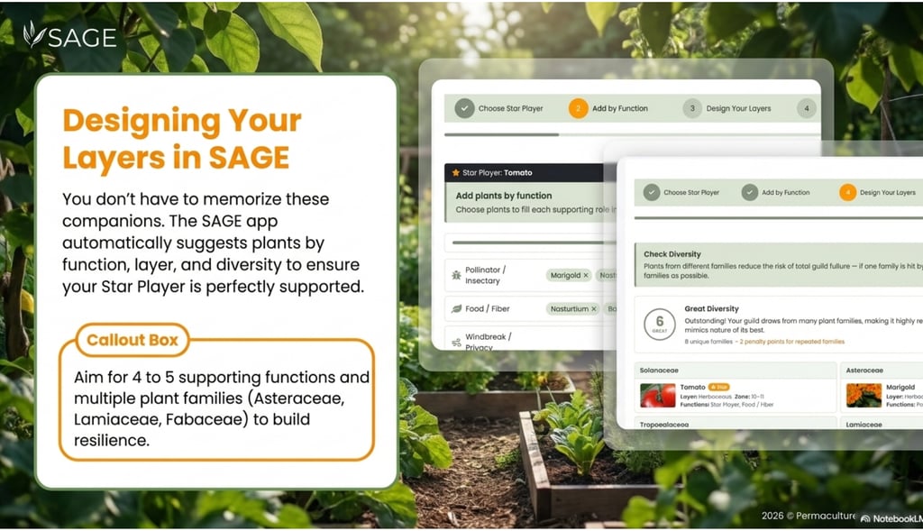 SAGE permaculture garden planning app showing guild design interface with star player tomato selecte