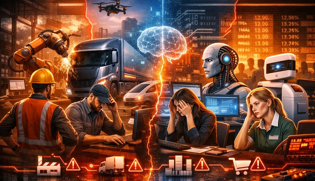 Uma ilustração digital que mostra o impacto da automação por IA no trabalho humano 