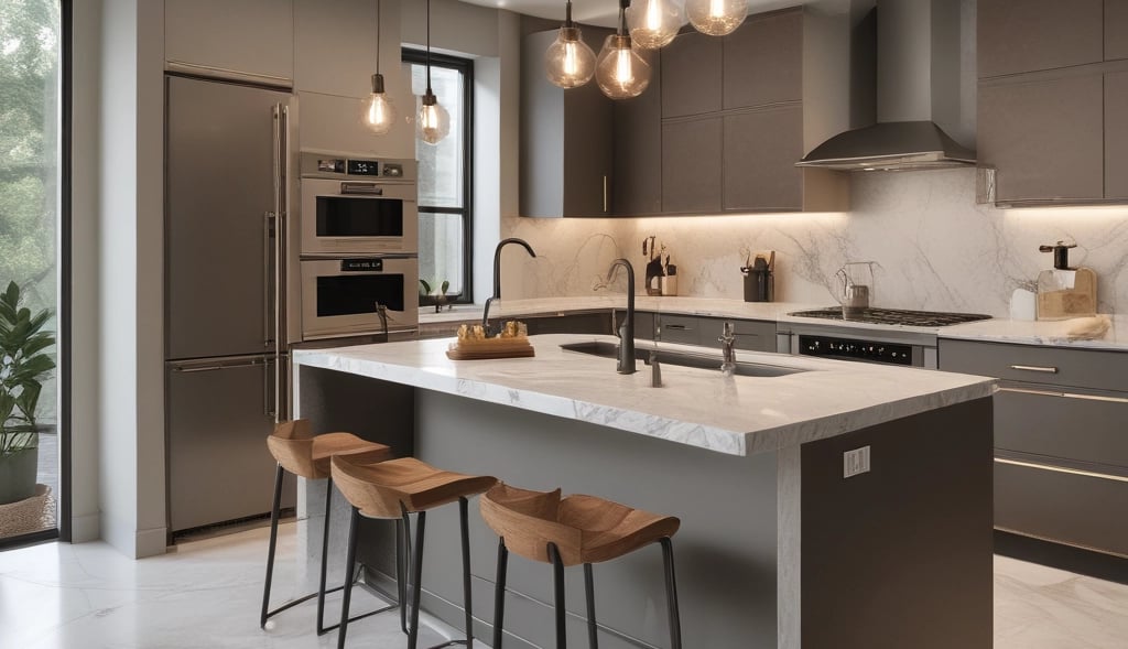 Modern white and wood kitchen with marble backsplash.