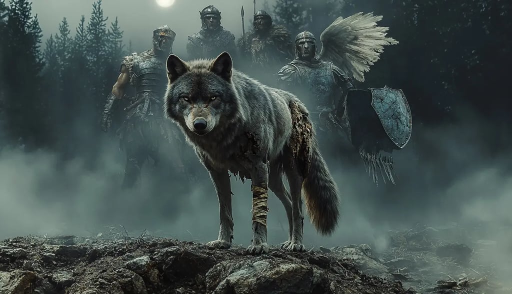 A scarred wolf stands in the fog before armored ancient warriors and a winged knight in a dark fantasy forest.