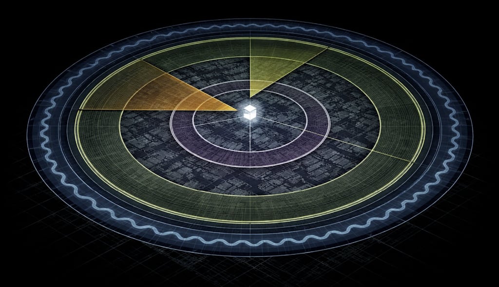 Digital radar interface showing data scanning rings and sonar pulses on a black grid background.