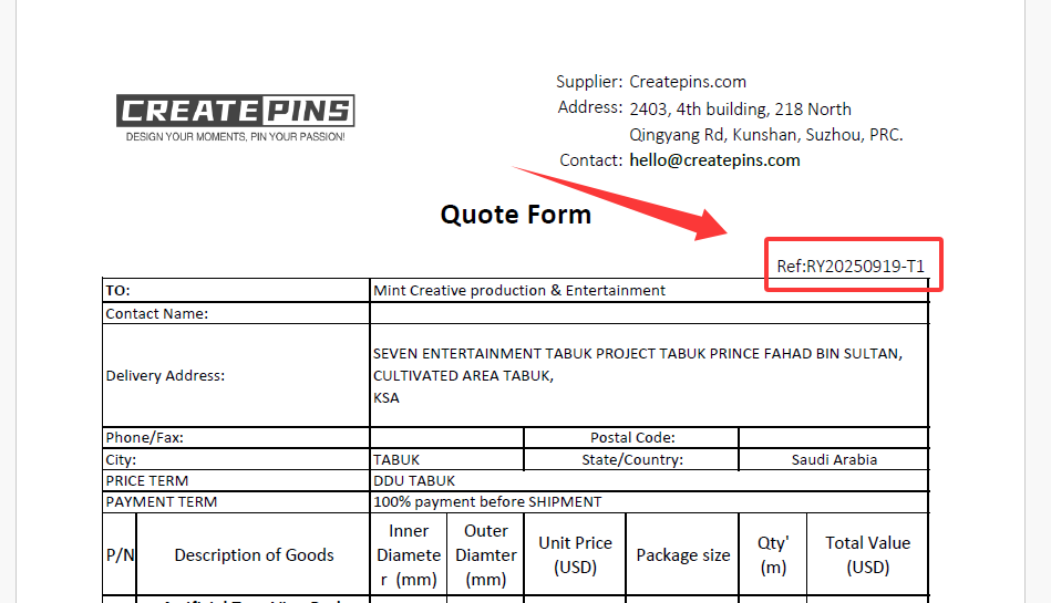 Order number in the Proforma invoice