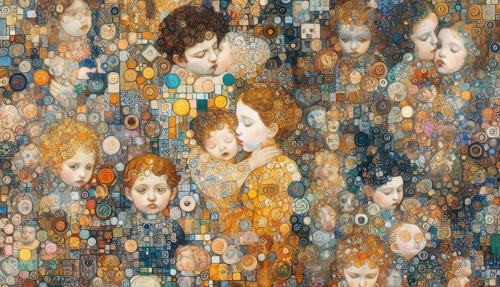 a painting of a group of children with faces of different ages and ages