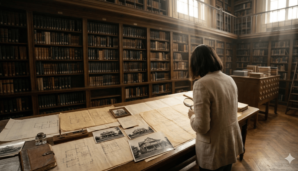 Técnica en patrimonio investigando expedientes y planimetrías antiguas en un archivo de Granada.