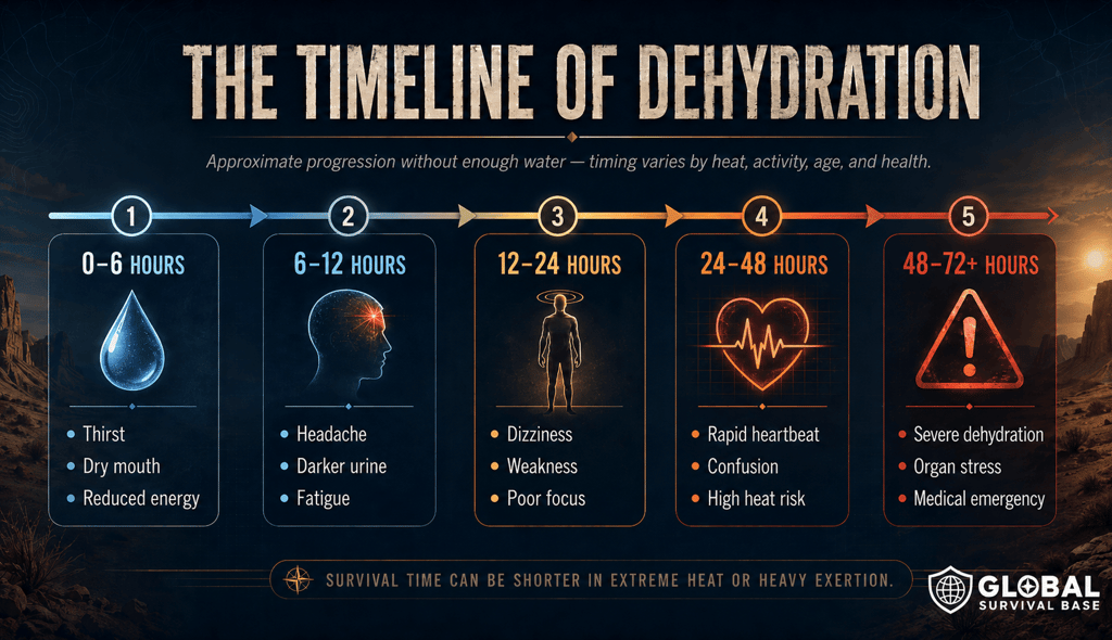 Infographic showing the timeline of dehydration symptoms from 0 to 72 hours for survival training.