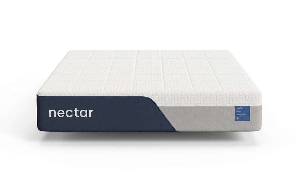 Nectar memory foam mattress with breathable cooling cover and supportive layers on white background.