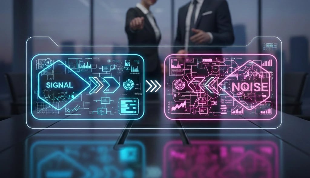 Two business professionals in an office setting view a futuristic digital display comparing "Signal"