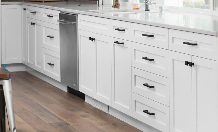 white shaker door with black handles