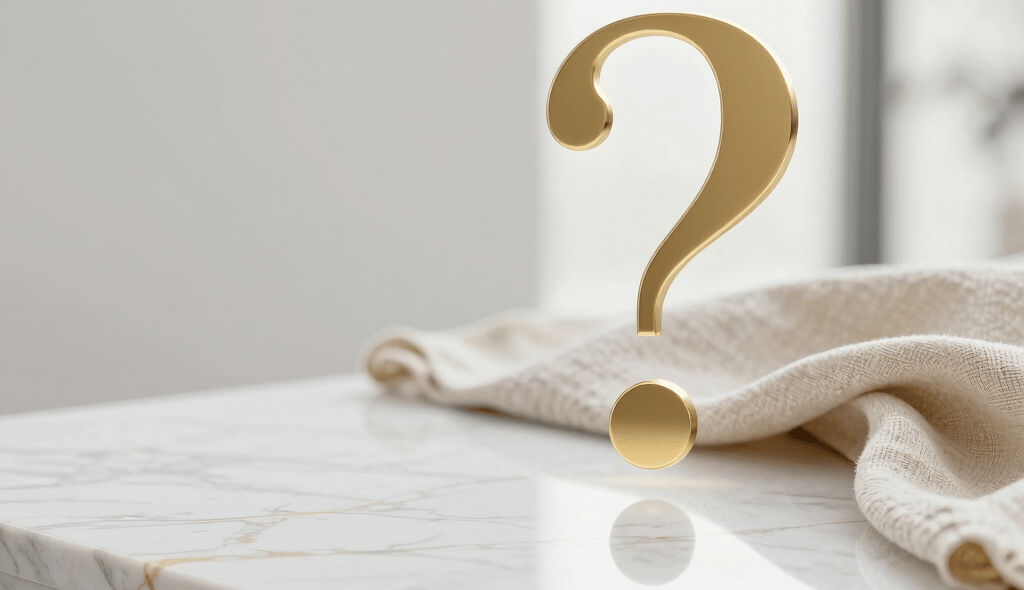 Hand holding a smartphone displaying a premium property management FAQ checklist app interface.