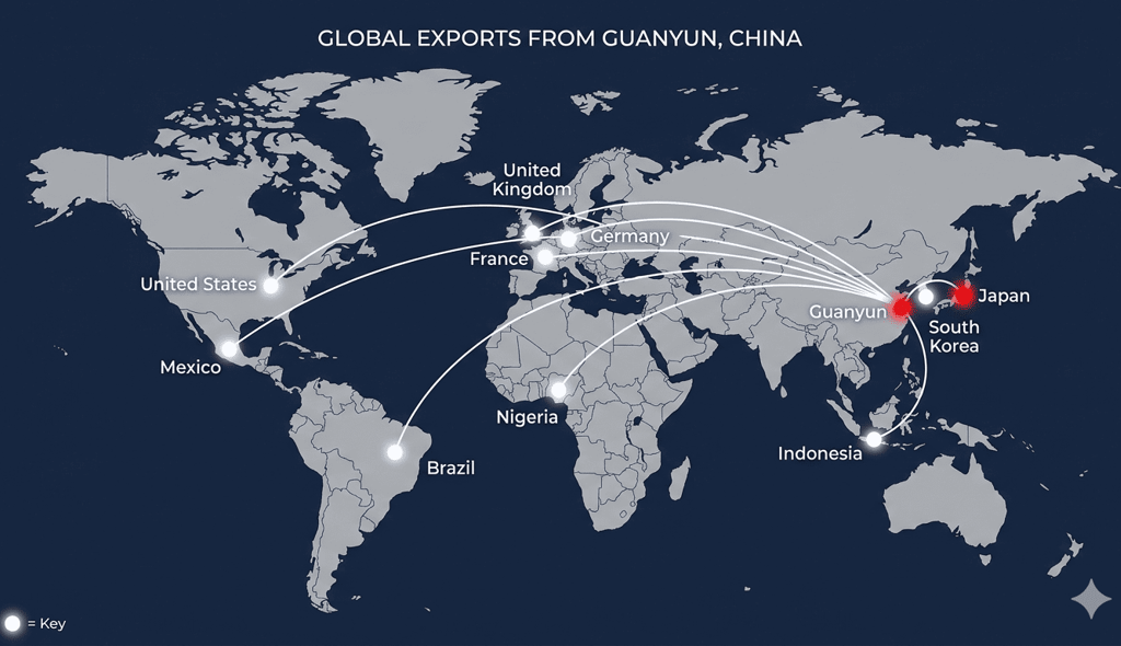 World map showing global export trade routes from velourawhisper, China to international markets.