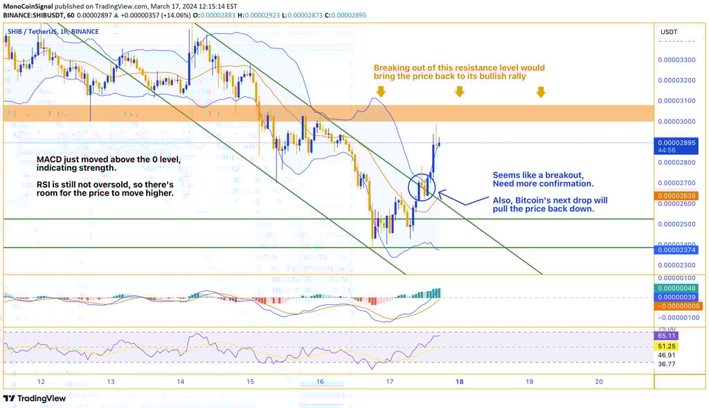 Chart showing SHIB's bullish momentum with significant trading volume, Bollinger Bands nearing upper